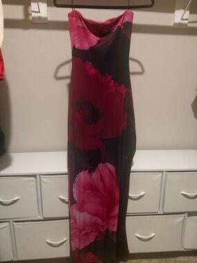 Lovely Day Strapless Black Maxi Dress with Pink Floral Print